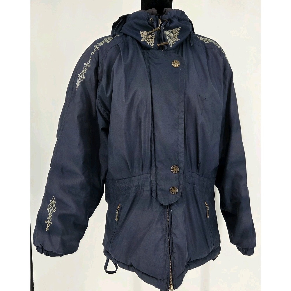 Vtg Obermeyer Ski Jacket Womens 8 Navy Embroidered Nordic Puffer Coat Thermalite